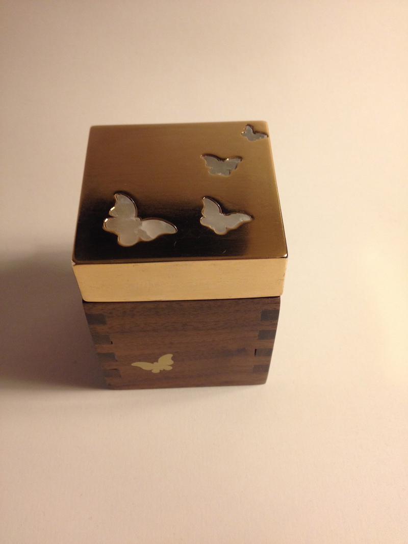 Walnut box with stone and brass inlay from above