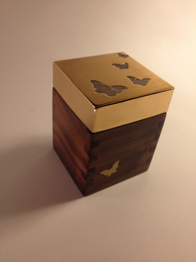 Walnut box wih stone and brass butterfly inlay