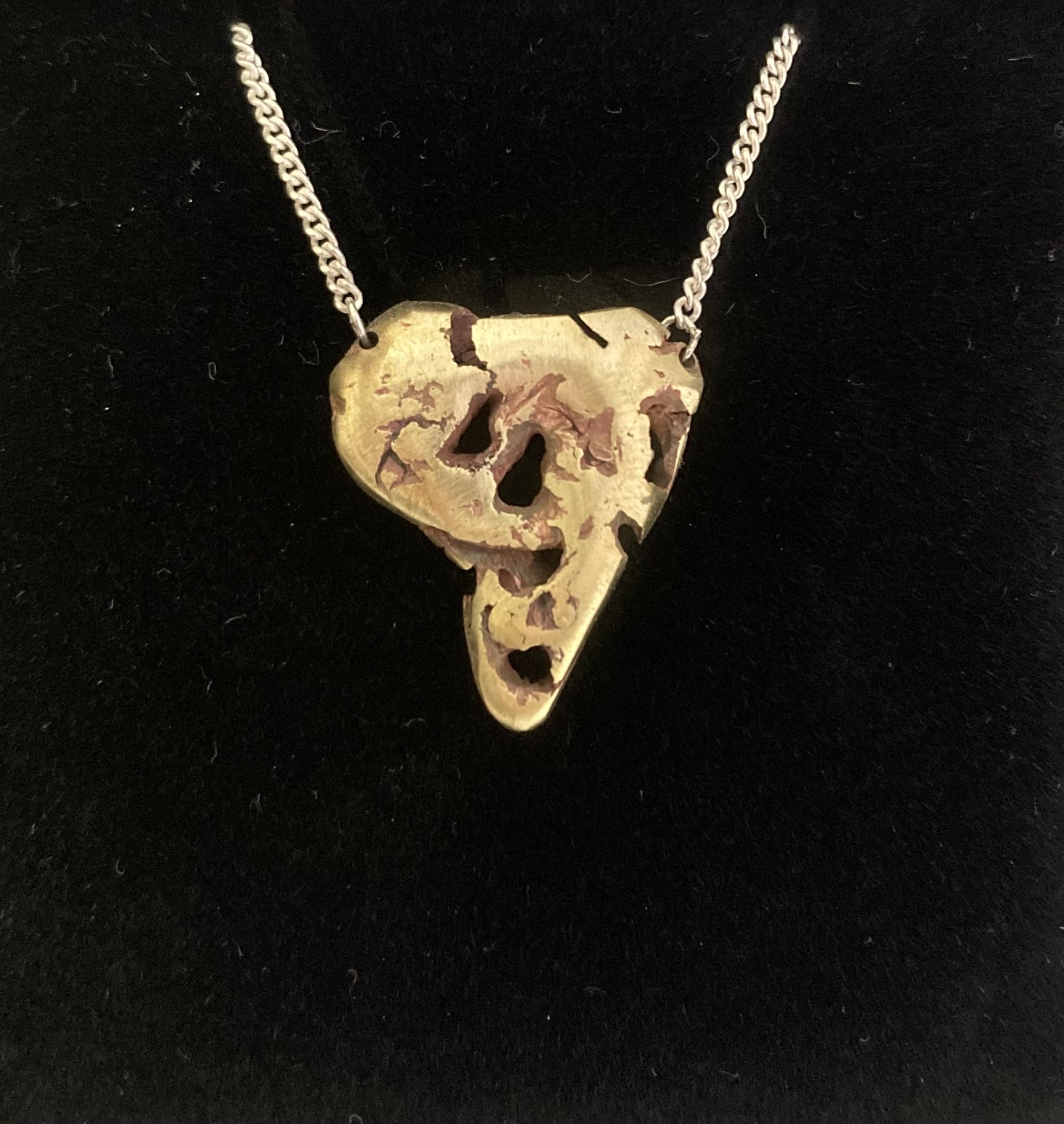 Melted Brass pendant with split silver chain