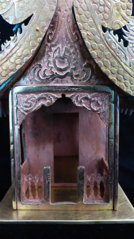 Pink guilded copper,brass and patinated green copper Spirit House front close-up