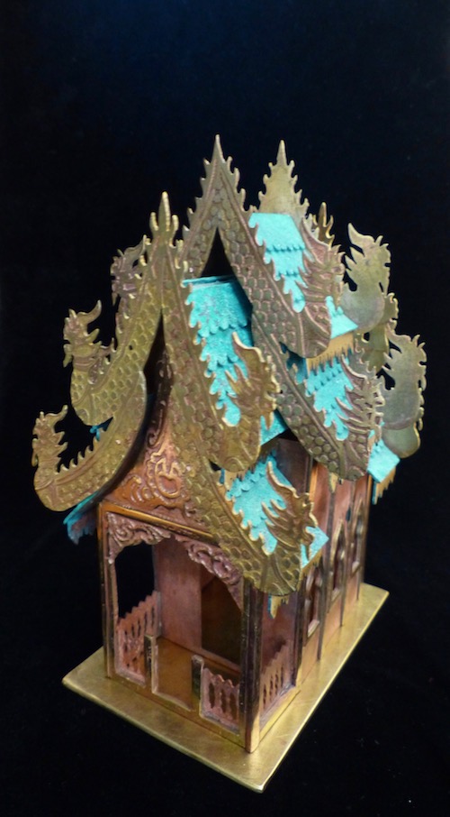 Pink guilded copper,brass and patinated green copper Spirit House front side angle