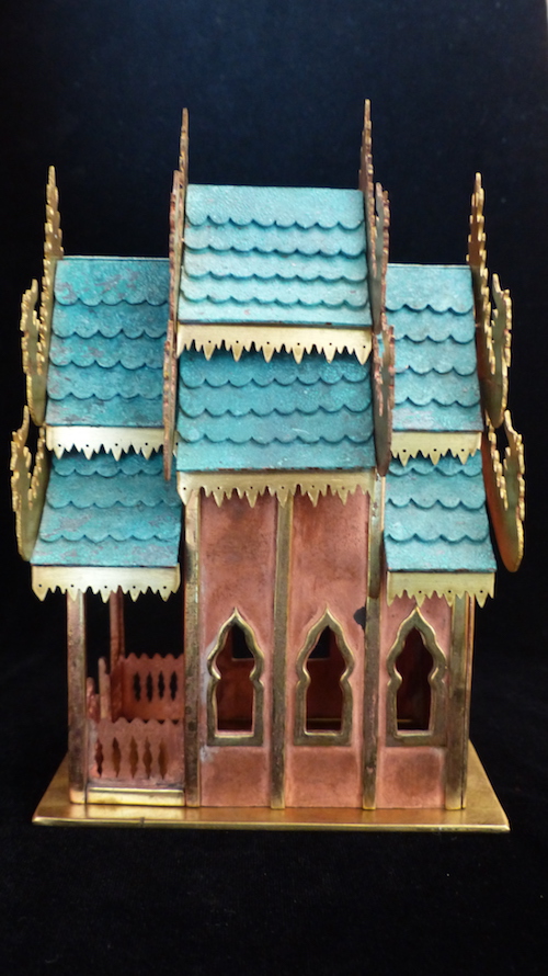 Pink guilded copper,brass and patinated green copper Spirit House side