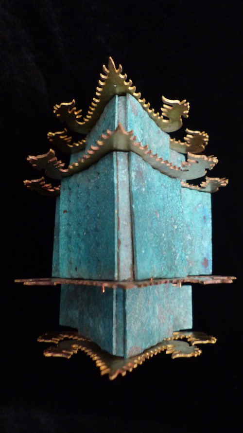 Pink guilded copper,brass and patinated green copper Spirit House from above