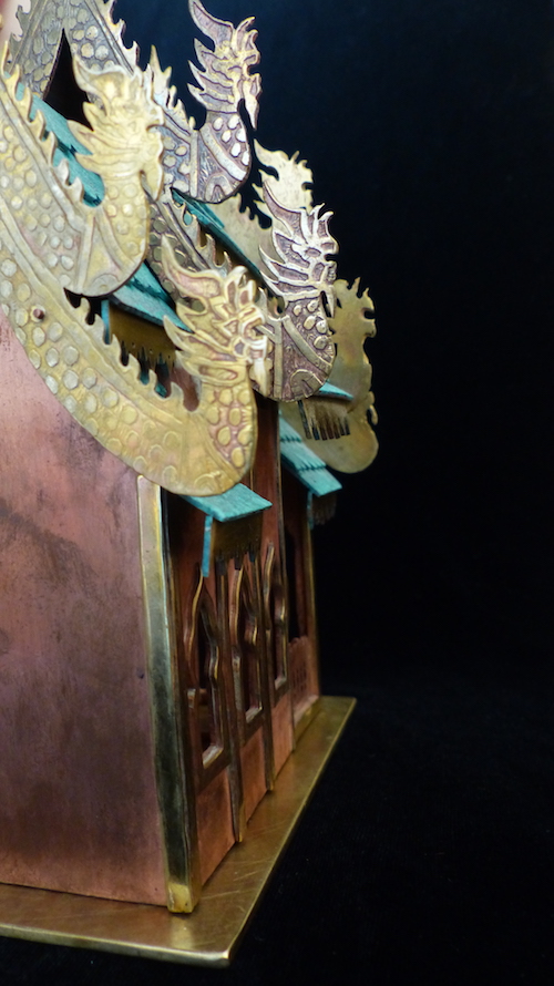 Pink guilded copper,brass and patinated green copper Spirit House side from the back