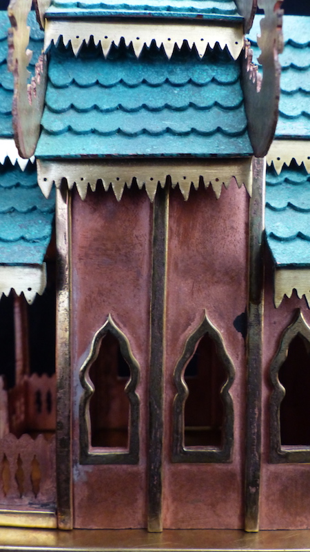 Pink guilded copper,brass and patinated green copper Spirit House side close-up