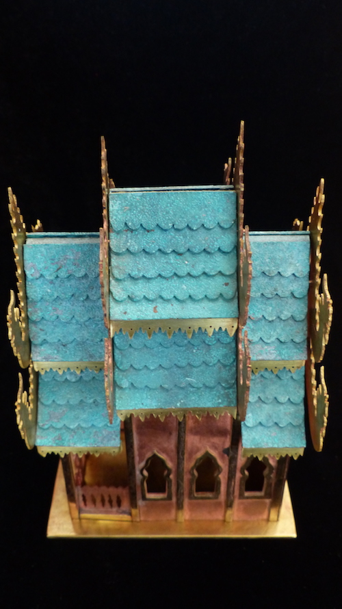 Pink guilded copper,brass and patinated green copper Spirit House side roof from above