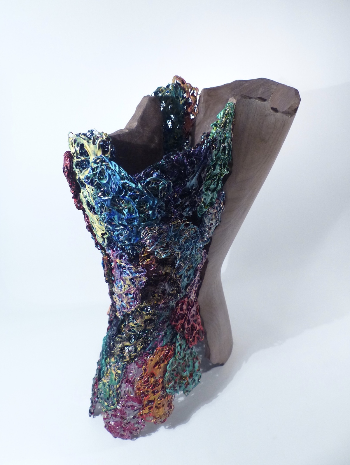 Walnut and paint dragged enamelled wire torso back wire side