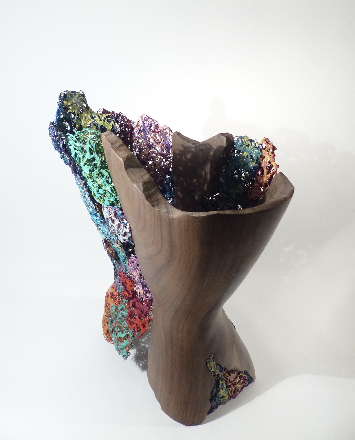 Walnut and paint dragged enamelled wire torso wood side top