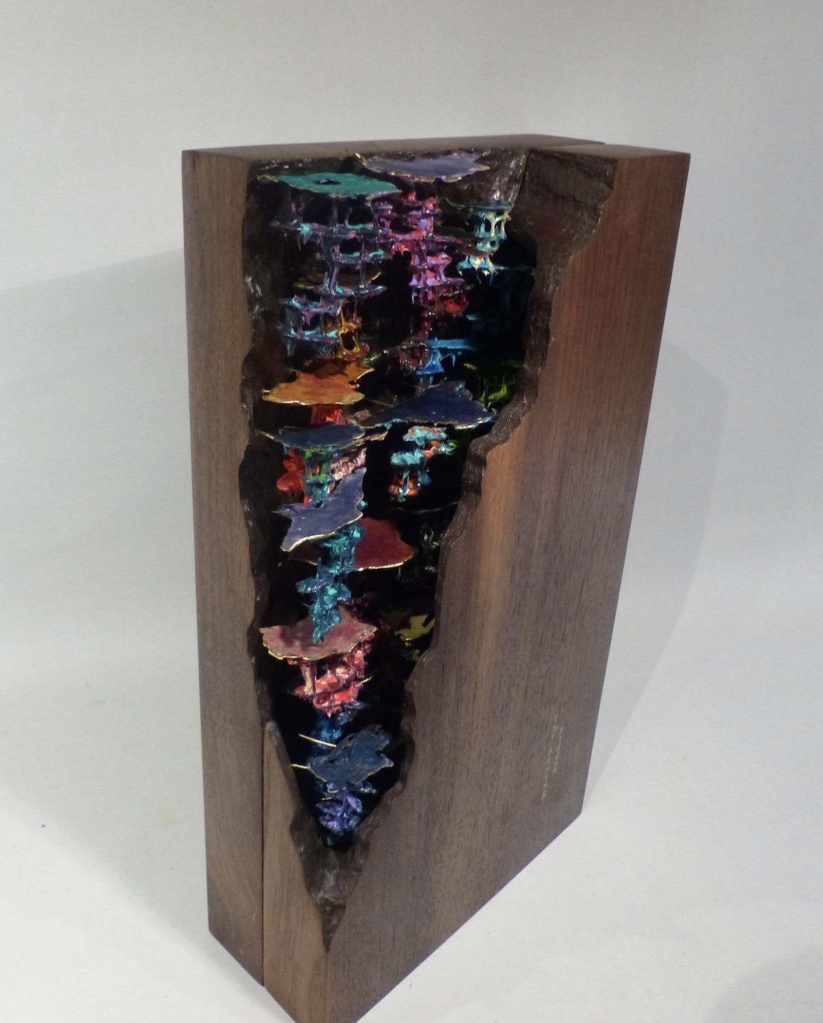 Walnut Hardwood  block sculpture with brass and acrylic layers