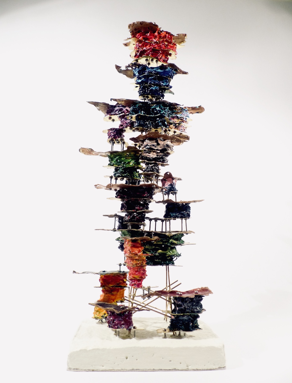 Cracked teak block filled with patina brass and honeycomb