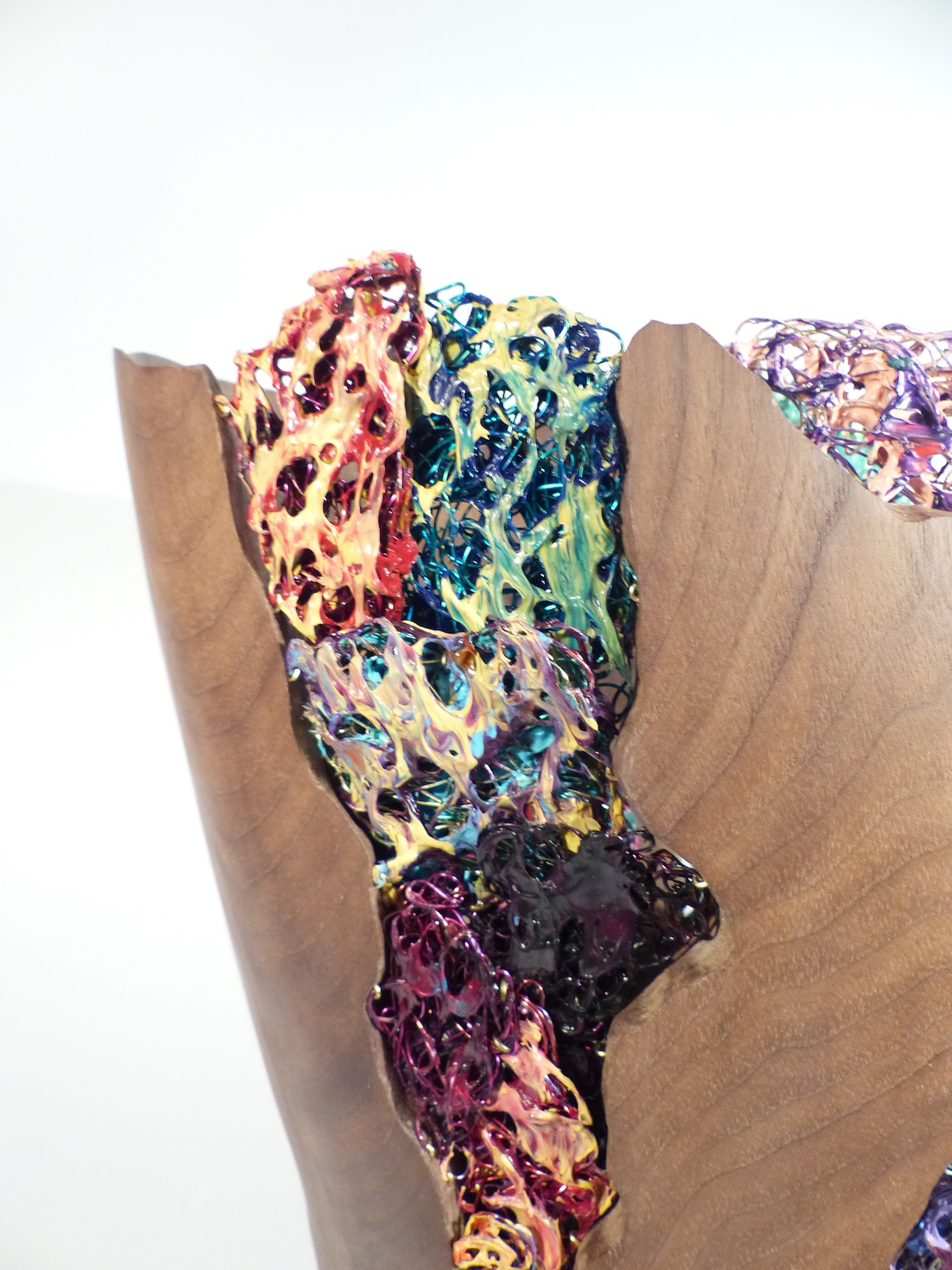 Walnut and paint dragged enamelled wire torso back wire side