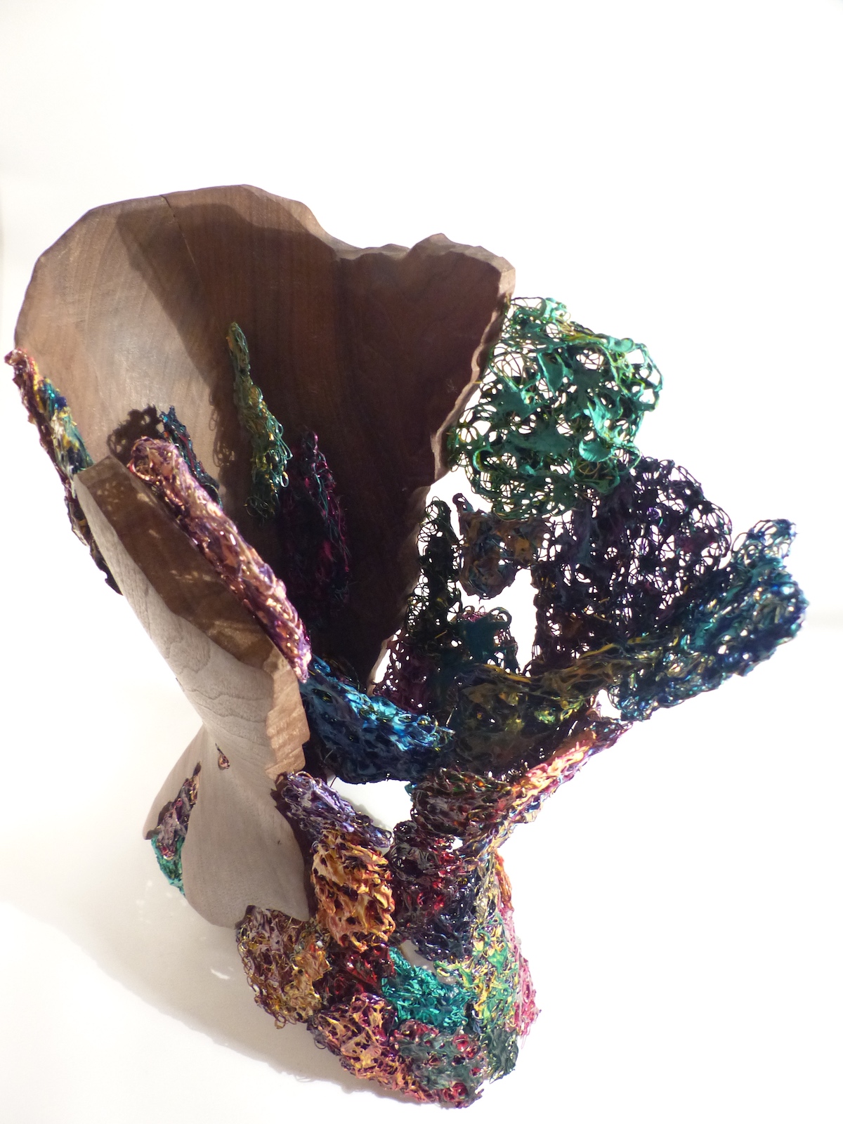 Walnut and paint dragged enamelled wire torso crack closeup